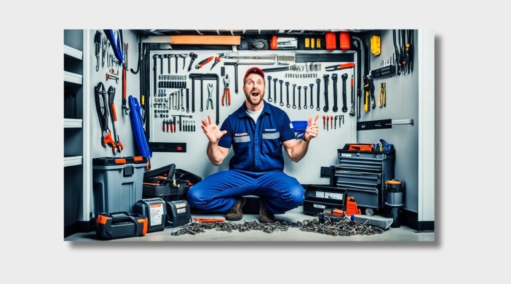 A photo featuring tools needed for garage door maintenance, such as wrenches, safety gear, and replacement rollers, alongside a garage door in the background. This image can emphasize the importance of having the right tools for maintaining smooth operation.