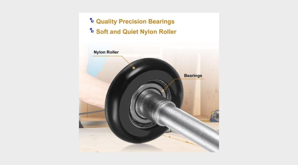 "A close-up image showing a high-quality garage door roller made of durable material, with a focus on smooth bearings and sleek design, highlighting its efficiency in reducing friction."
