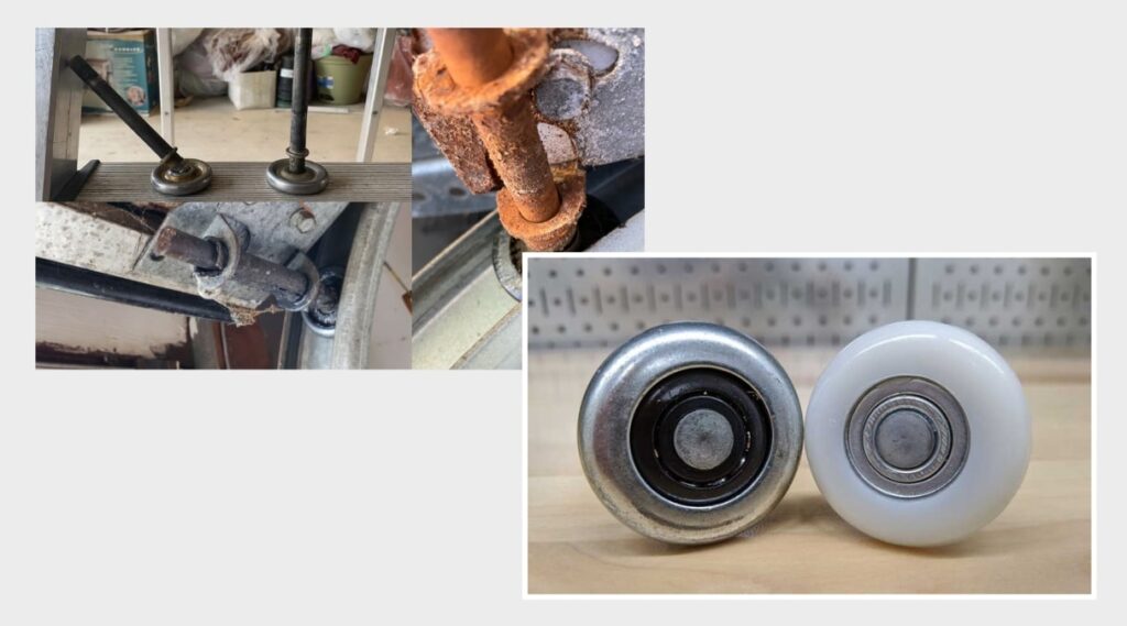 "A side-by-side comparison of a worn-out, rusted garage door roller next to a new, high-quality roller, demonstrating the difference in durability and efficiency."
