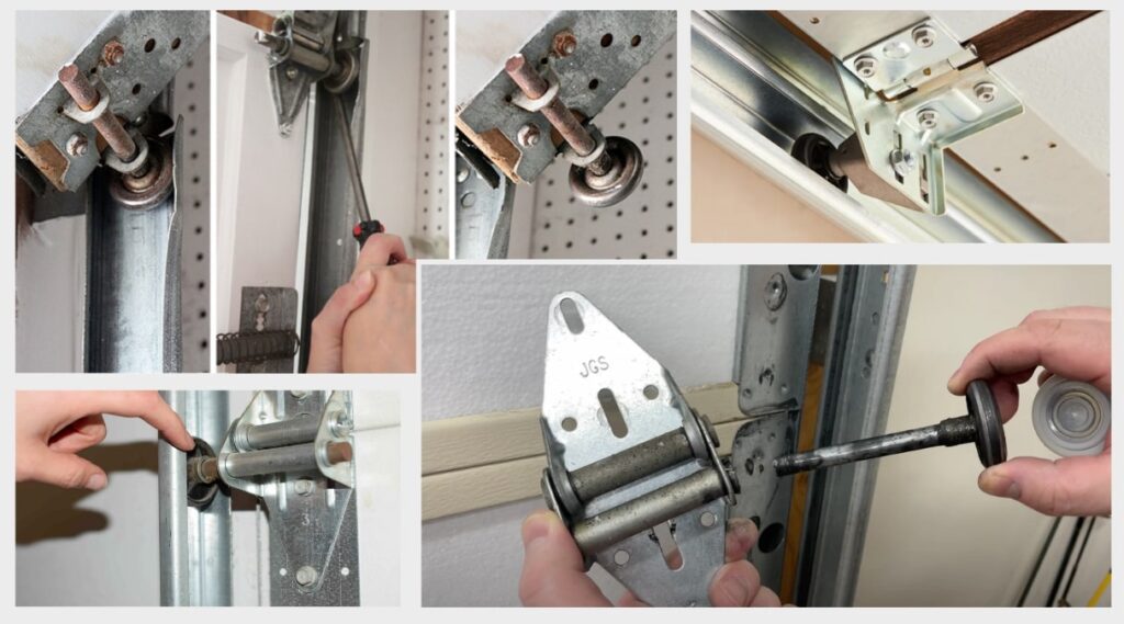 A step-by-step visual guide showing the process of replacing garage door rollers. This could include images of loosening the roller brackets, removing old rollers, and installing new ones.